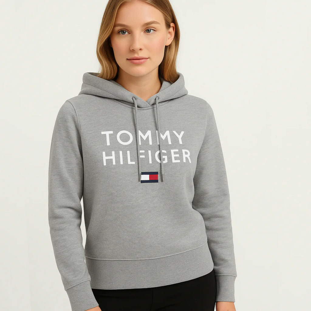 Tommy Flag Printed Women's Pullover Hoodie - Black