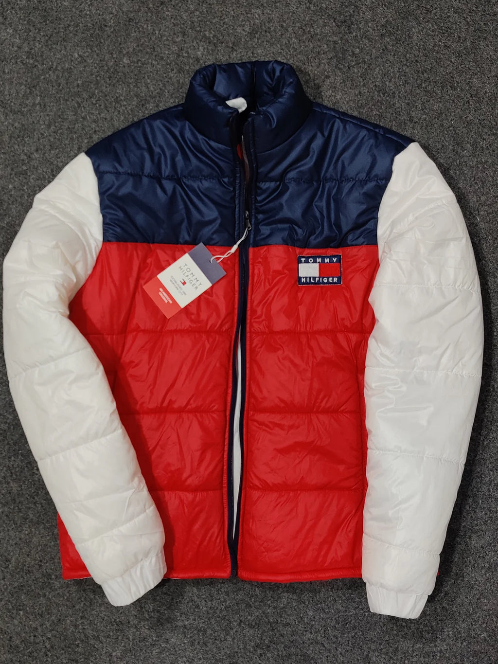 Tommy H Contrast Sleeves Puffer - White, Navy Red