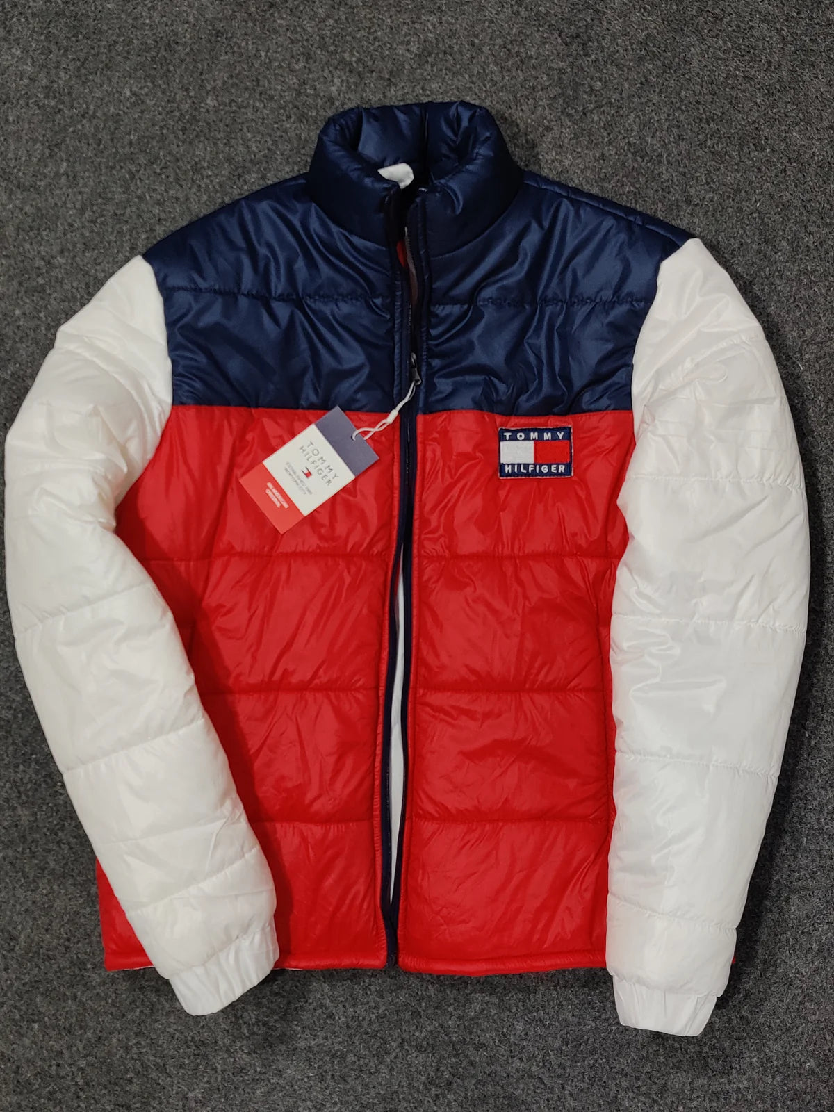 Tommy H Contrast Sleeves Puffer - White, Navy Red