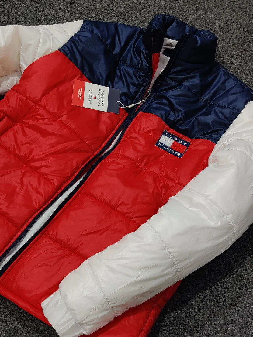 Tommy H Contrast Sleeves Puffer - White, Navy Red