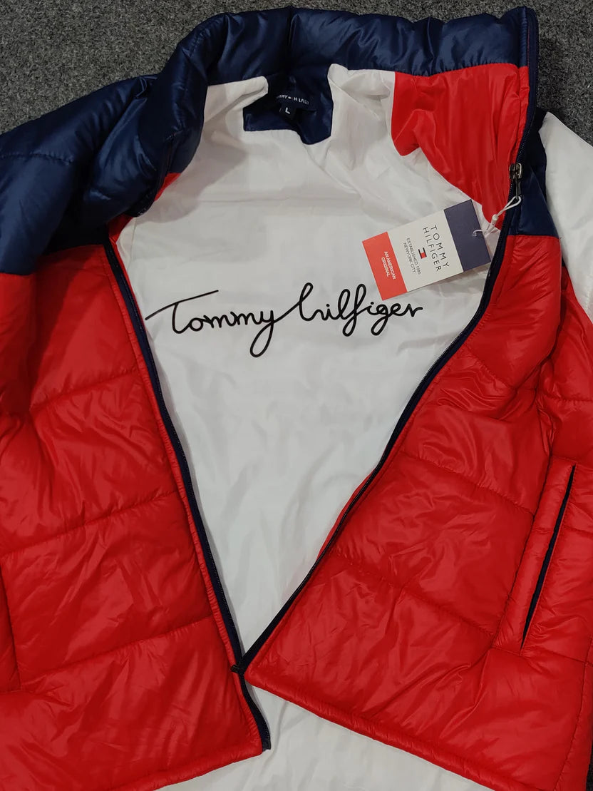 Tommy H Contrast Sleeves Puffer - White, Navy Red