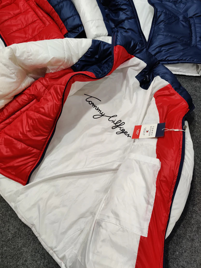 Tommy H Contrast Sleeves Puffer - White, Navy Red