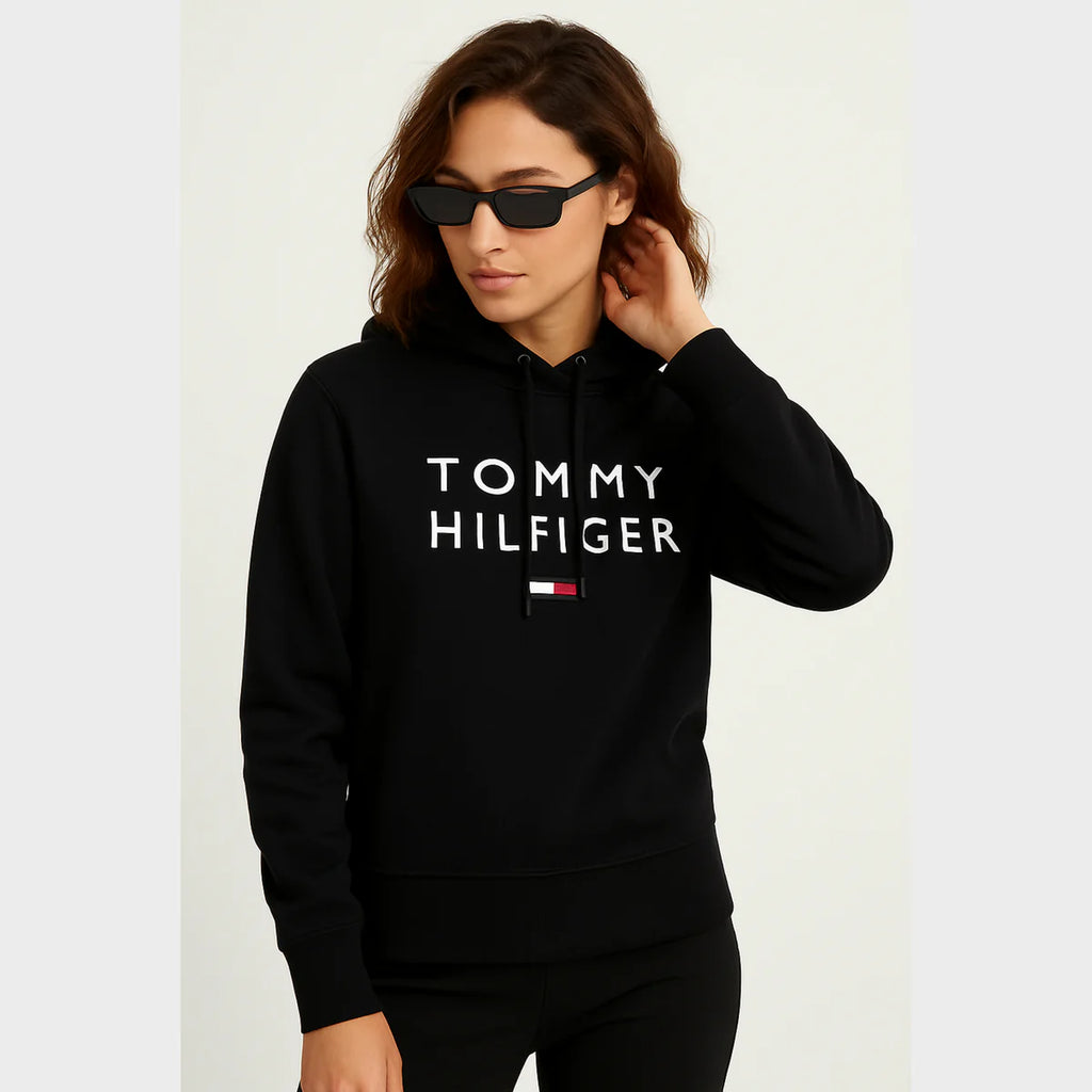 Tommy Flag Printed Women's Pullover Hoodie - Black