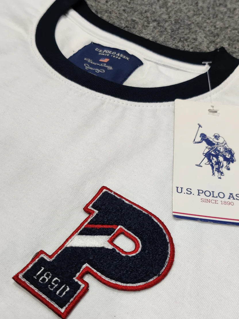 USPA Embroidered Logo Contrast Sleeves Tee - White