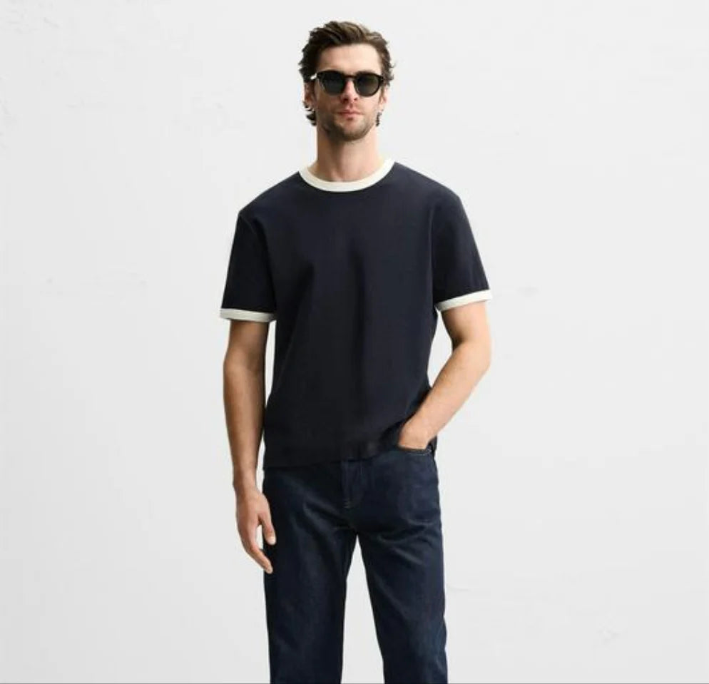Zara Contrast Sleeves Cotton Tee - Black