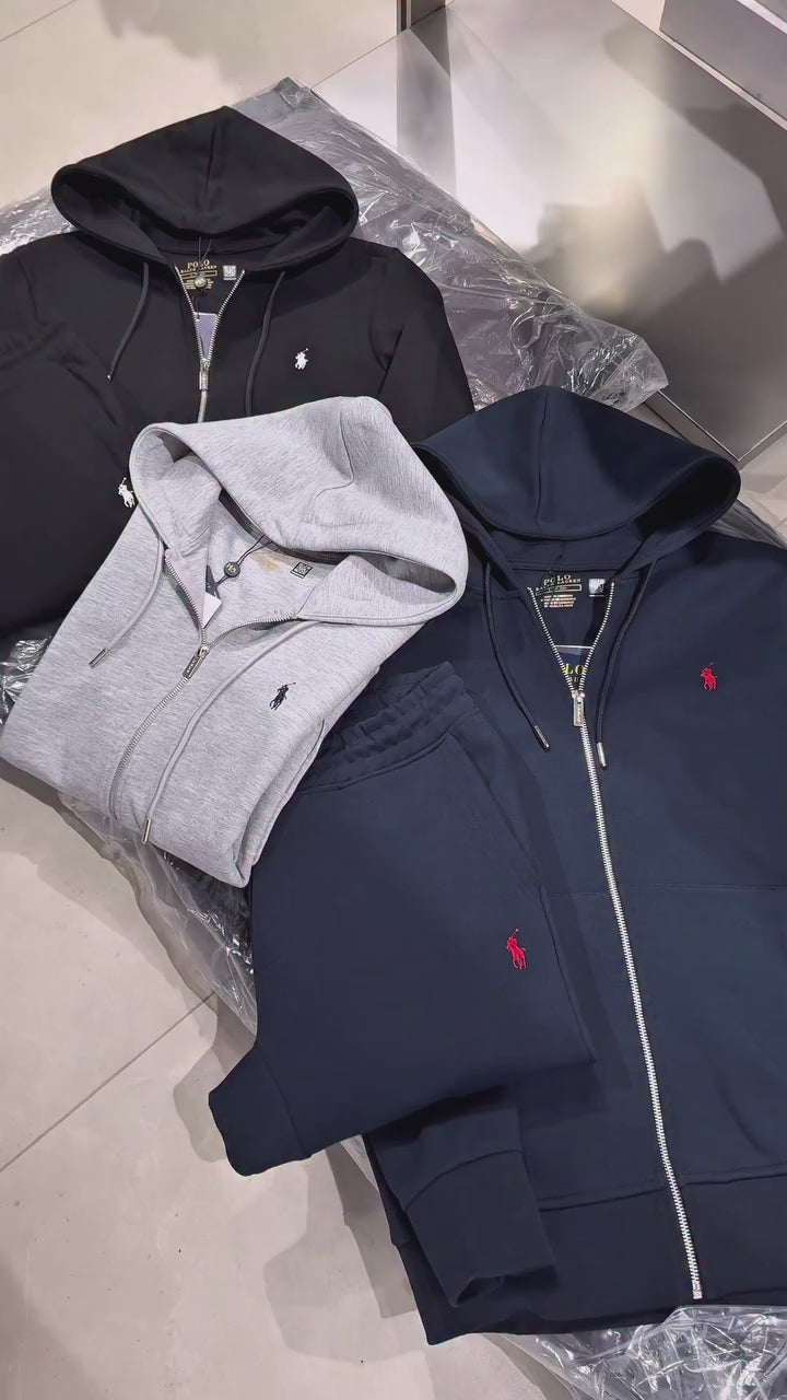 Polo Fleece Tracksuit Zipper Hoodie with Sweatpants - Black