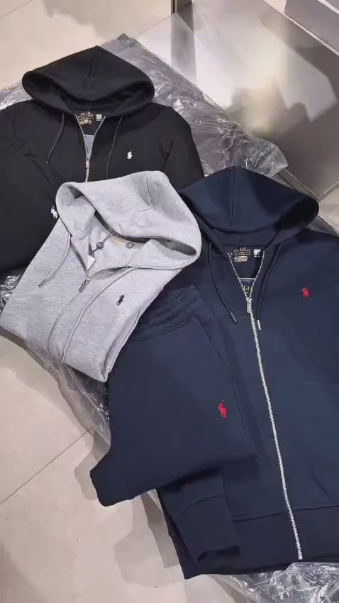 Polo Fleece Tracksuit Zipper Hoodie with Sweatpant - Gray