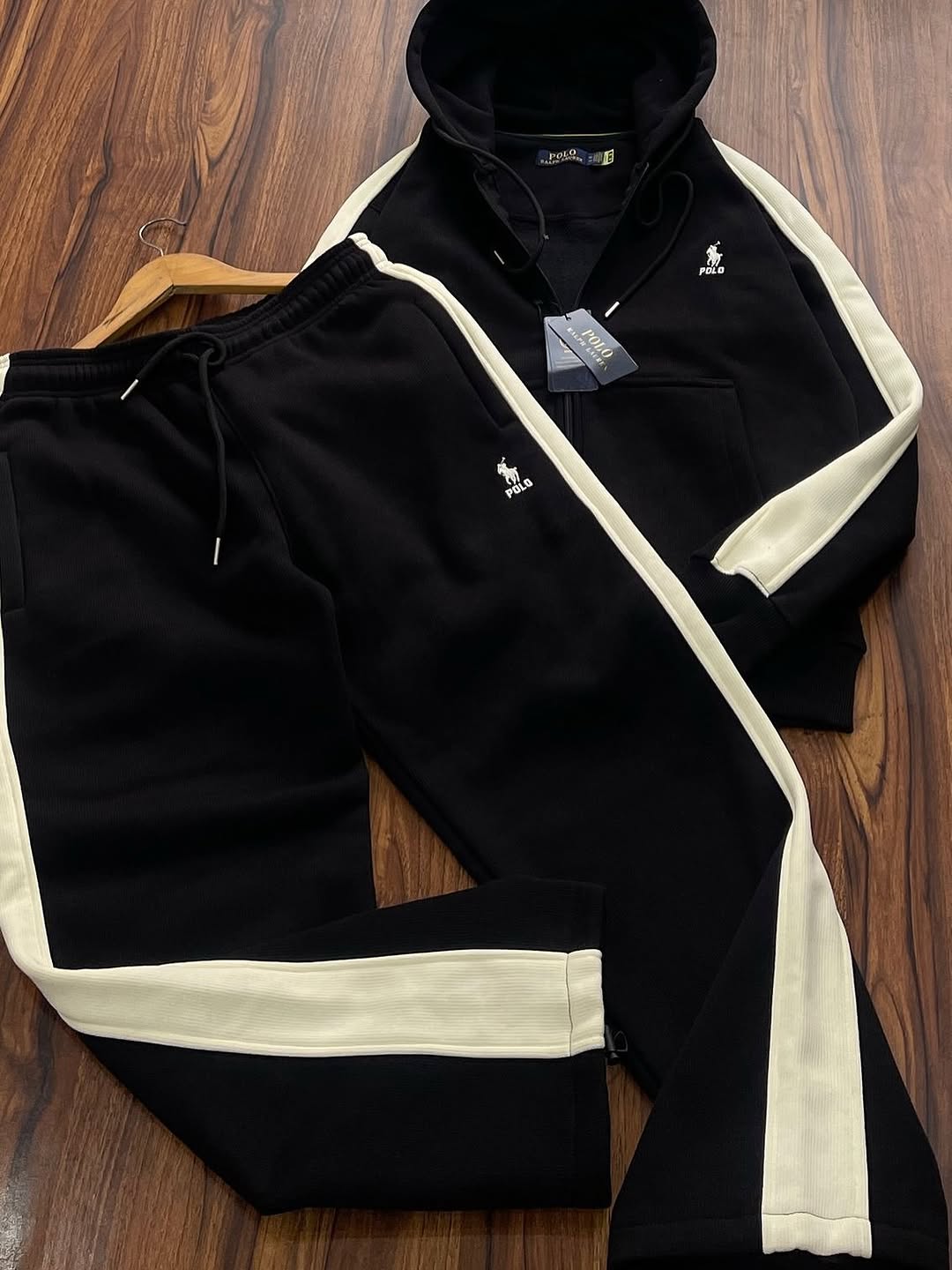 Polo Stripe Fleece Tracksuit Hoodie with Sweatpant - Black