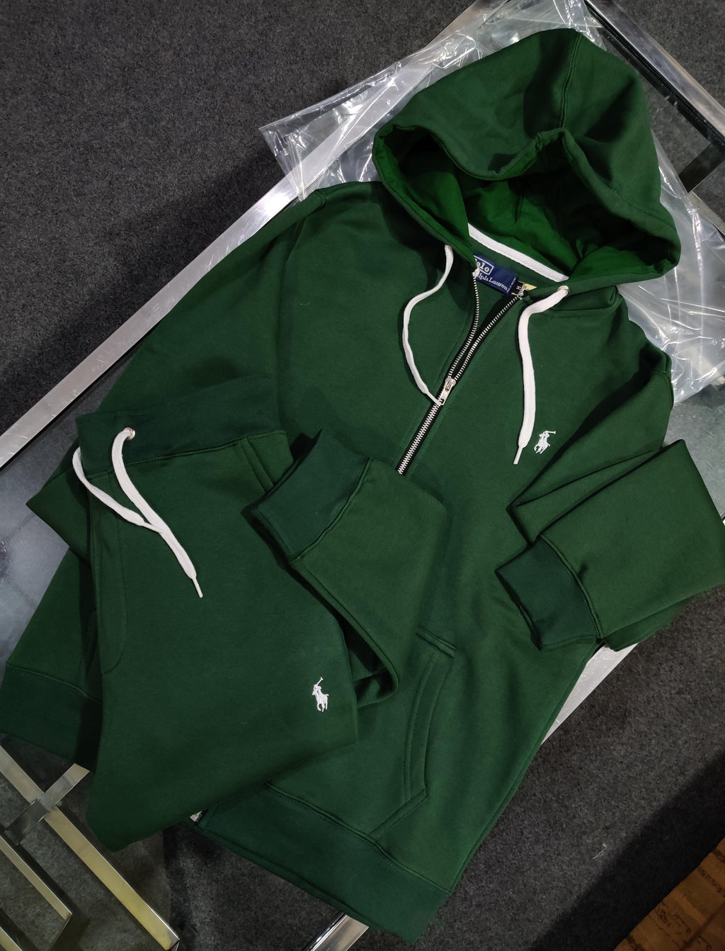 Polo Fleece Tracksuit Zipper Hoodie with Sweatpants - Green