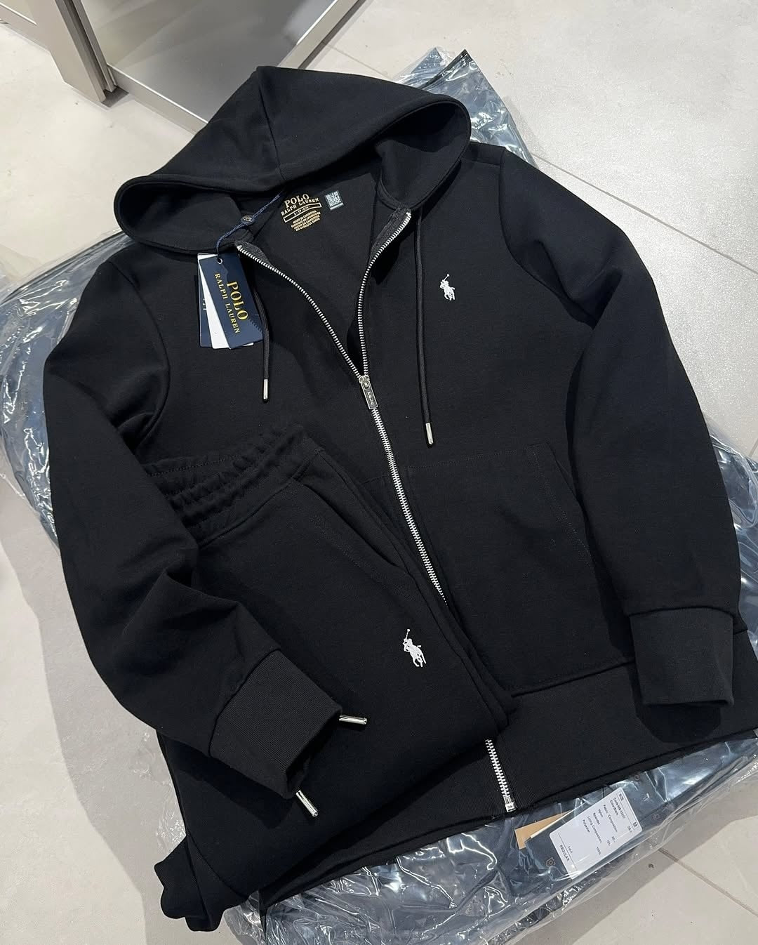 Polo Fleece Tracksuit Zipper Hoodie with Sweatpants - Black