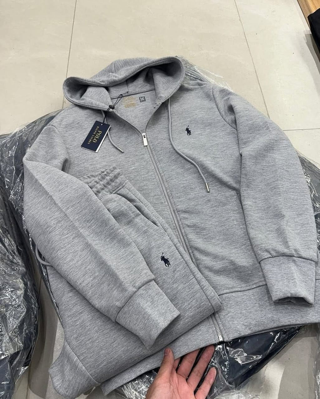 Polo Fleece Tracksuit Zipper Hoodie with Sweatpants - Gray