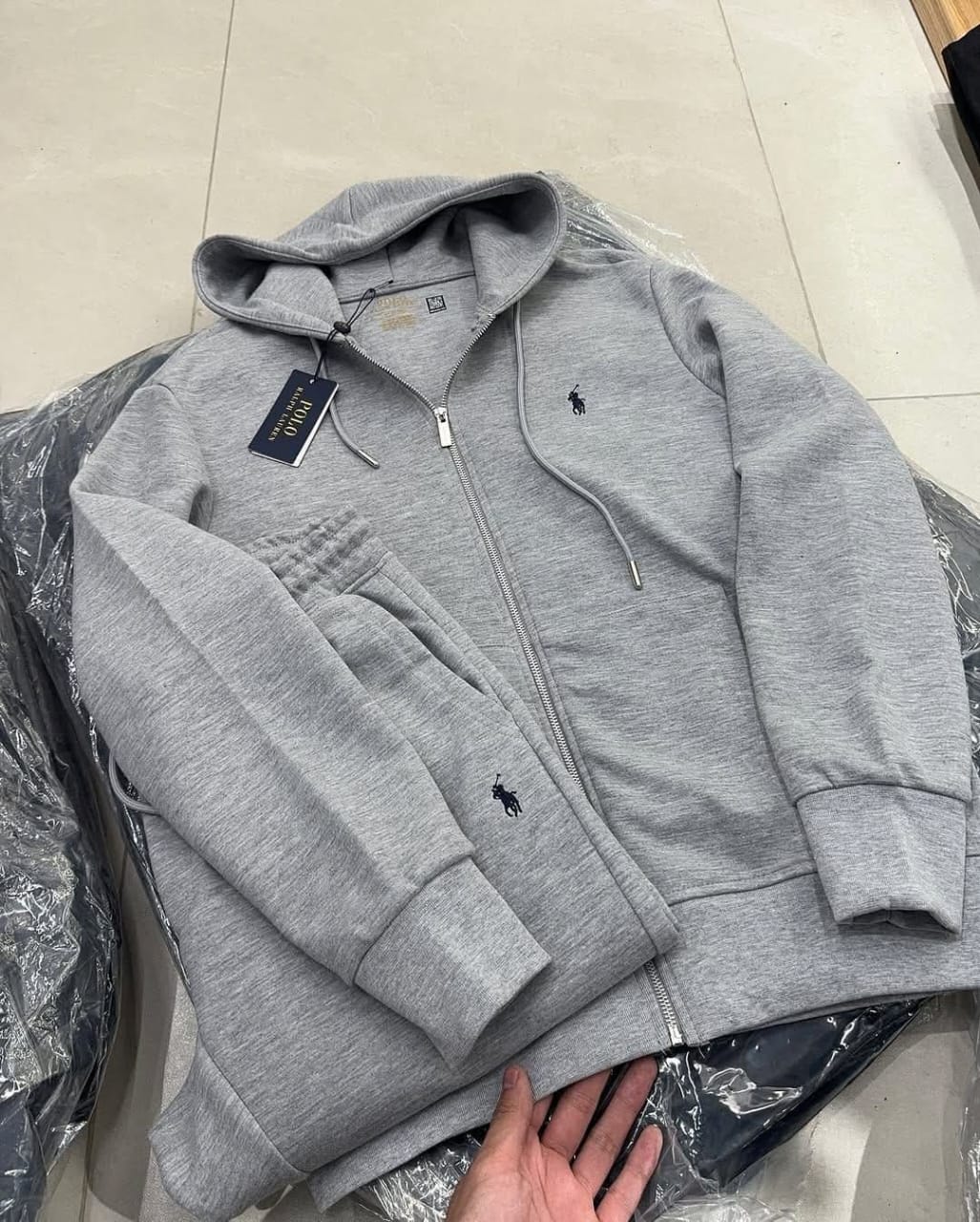 Polo Fleece Tracksuit Zipper Hoodie with Sweatpants - Gray